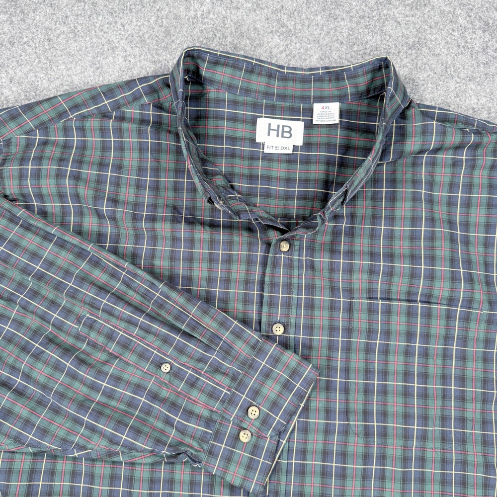 HB Fit by DXL Mens 4XL Green Plaid Long Sleeve Button Down Shirt Pocket Cotton